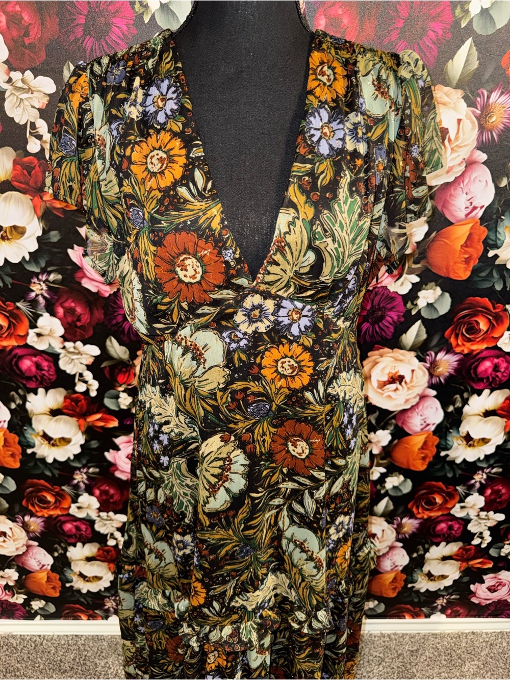 12th Tribe Black Floral Deep V-Neck Tiered Maxi Dress, Large, NWT - Picture 11 of 15